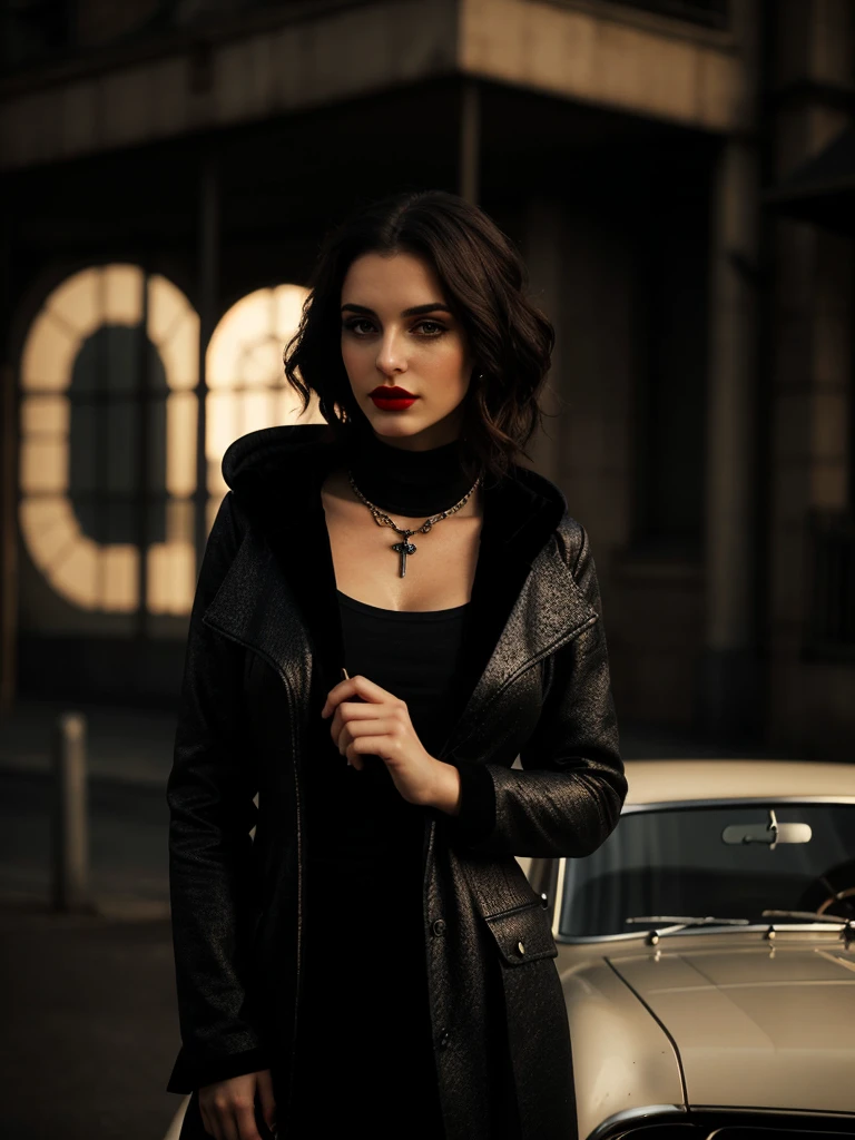 A seductive femme fatale around 20 years old is seen leaning against the hood of a vintage car collection. The cityscape behind her is a mesmerizing fusion of gothic and Art Nouveau architecture. Her alluring silhouette is accentuated by the cinematic lighting, adding to her mysterious and captivating aura. The intricate details of her vintage high fashion outfit are depicted in an loose painting style, capturing each curve and texture with volumetric lighting in an 8k render. Her dark, sultry eyes and red lipstick are vividly rendered, making for an unequivocally enchanting image. ((Top Quality, 8k, Masterpiece: 