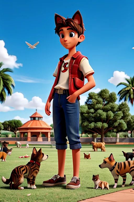 18 year old surrounded by pets, perros y gatos en parque.