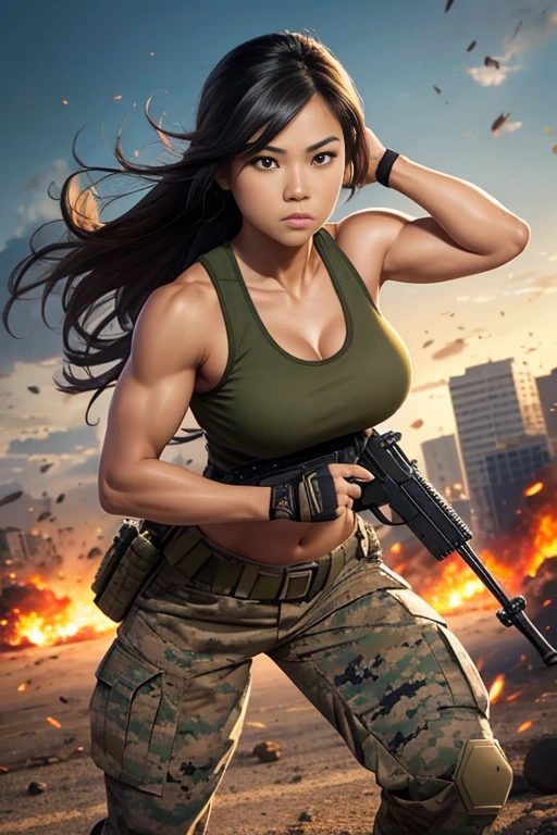 Full body, hq artwork, beautiful Filipino girl in her mid 20's, amber eyes, tan skin, short black hair, wearing marine corps uniform, athletic physique, strong muscles, military girl, soldier girl, infantry girl, camouflage uniform, torn tank top, belly button, gloves, torn military pants, small, cleavage, expression of determination, (holding rifle in both hands: 1.3), attack action, face close-up, action with impact, fighting on the battlefield, full body, background is ruined city, most strongest pose, female action, full body,
\