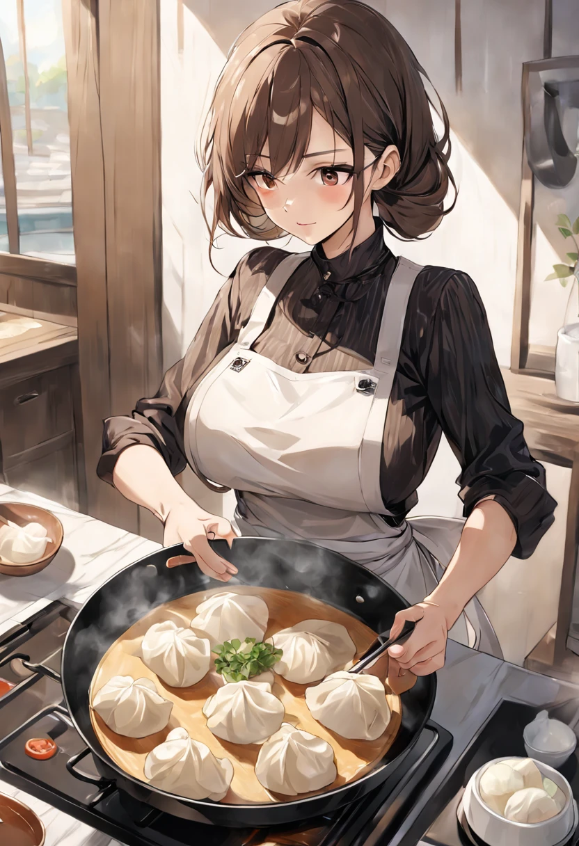 1lady solo, (cooking (gyoza dumplings):1.2), (looking down at dumplings), chef (stylish outfit) apron, mature female, /(dark brown hair/) bangs, light smile, (eyes filled with concentration), (masterpiece best quality:1.2) delicate illustration ultra-detailed, large breasts BREAK (dumplings on the pan:1.1), baked, sizzle BREAK (Chinese restaurant kitche