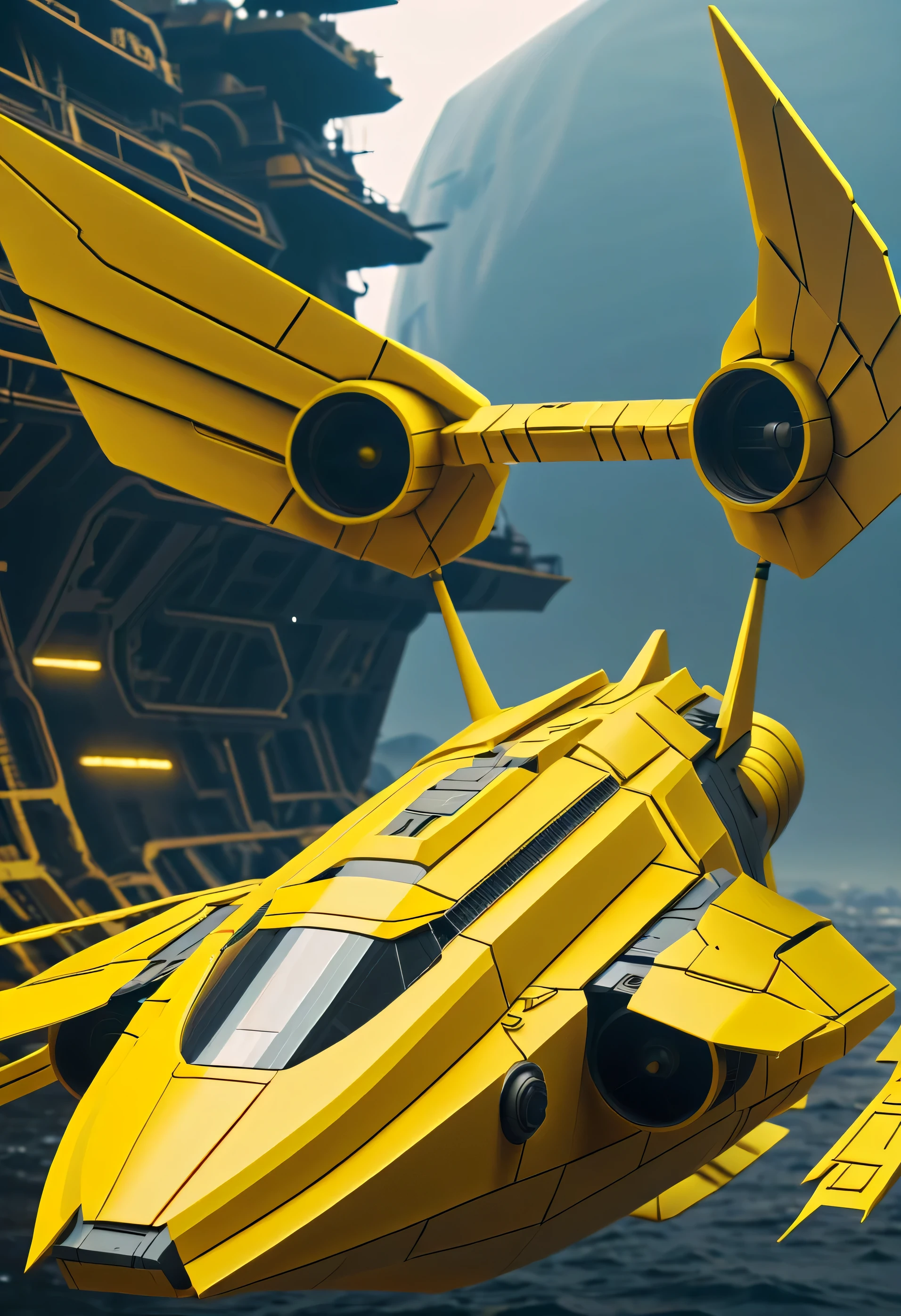 Metal bird-like ship, yellow plastic, blindagem Liza. planos futurista fundo nave de guerra, futurista voando 4k