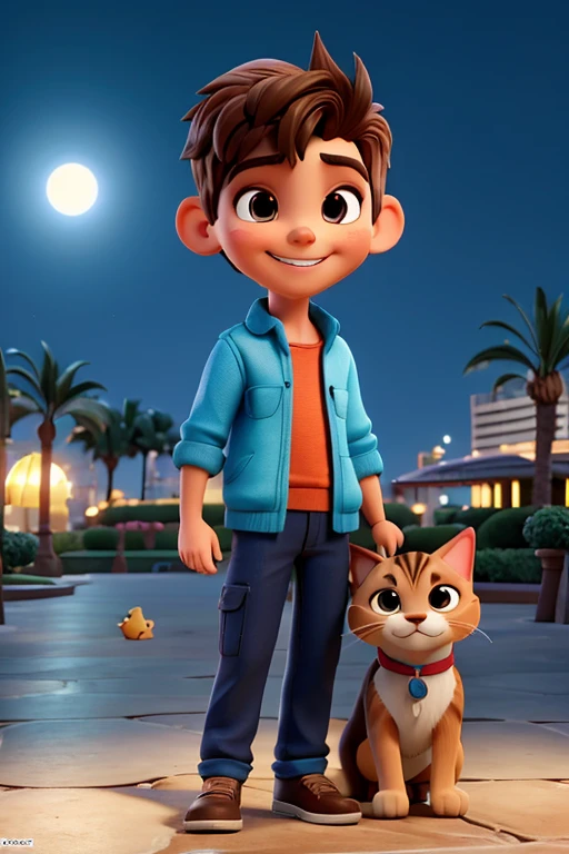 Boy with pet, perro y gato, sonrisa suave, figura de pie, personaje de dibujos animados, Renderizado 3D, symatic lighting, Trazado de rayos, (la mejor calidad, 8k, high resolusion, tmasterpiece:1.2), caprichoso, (parque de la ciudad con sol radiante).
