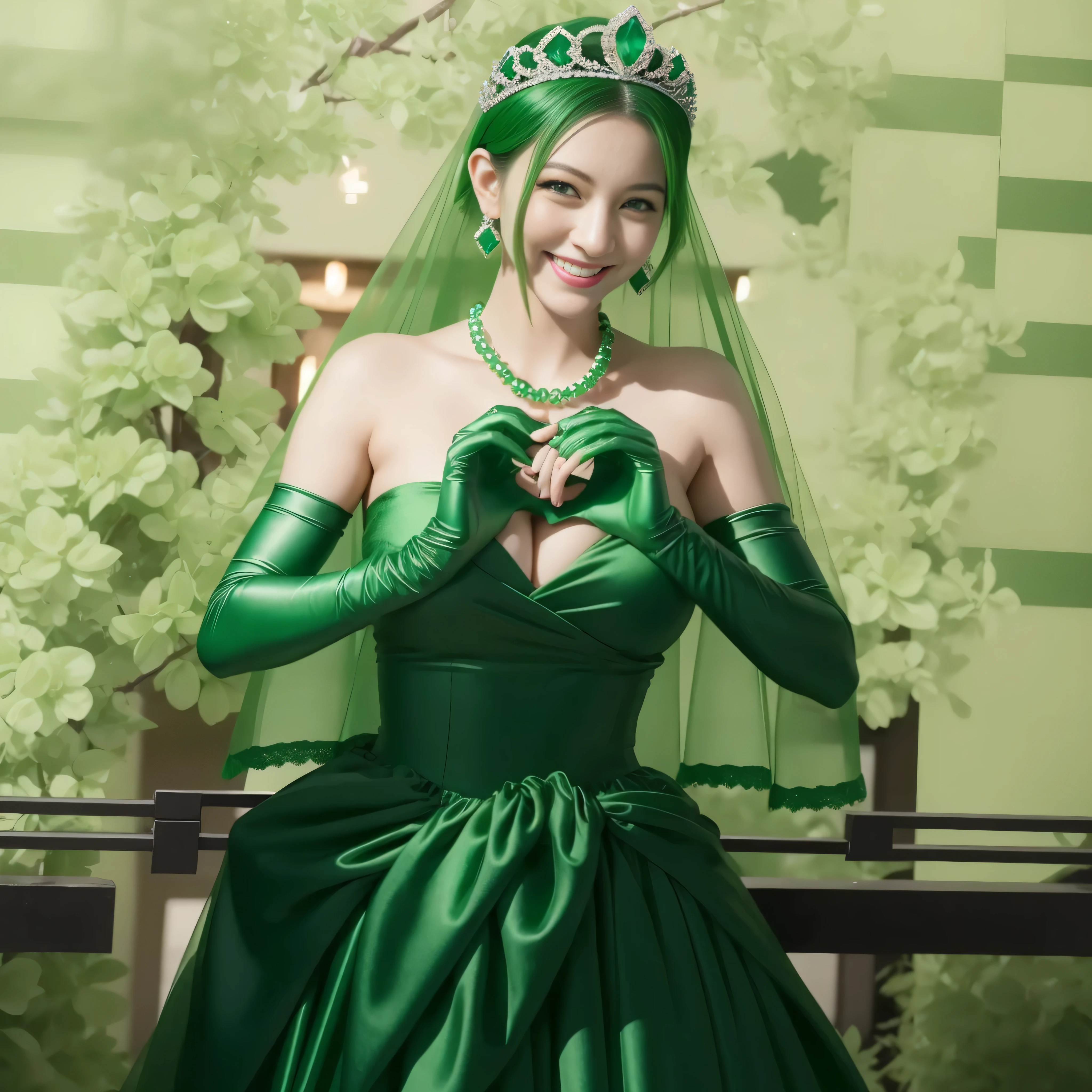 emerald tiara, green pearl necklace, ボーイッシュな非常に短いgreen hair, lipstick, smiling Japanese woman, very short hair,  Beauty with large breasts, green eyes, Long Green Satin Gloves, green eyes, emerald earrings, green veil, heart with both hands, green hair