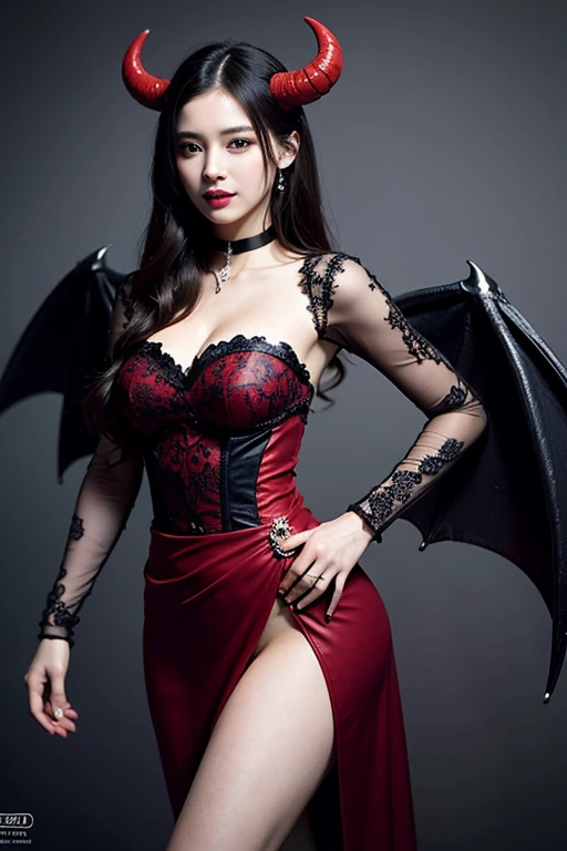 evil and beautiful queen, medieval dress,a little smile,Half princess of Japan and Spain,Recreate the scariest demons in perfect detail,(her bright red eyes:1.5),(her eyes shine red:1.5),Creepy and ugly devil horns grow.,Complex and rugged horns,,It&#39;s a big disaster々demon wings,(Perfectly reproduces the details of a hopelessly scary demon:1.4),정말 무섭고 추악한 demon wings,fearsome claw wings,large claws on wings,Very complex and creepy demon wings,거대하고 무서운 demon wings,blood red lip,facing forward,evil makeup,perfect devil costume,Blood is flowing in the mouth,crazy,the background is ominous, gothic medieval european castle,(The background is the interior of a complex castle.:1.2),detailed background,Flame burning in the background,perfect gas chamber,An alluring and sexy smile,castle at night,a little smile,devil decoration,Devil dress with intricate decorations, devil&#39;s black dress,intricate tiara,Black tone dress, big bust,evil decoration, ruby decoration, artistic design choker, evil pattern decoration, ,shining crown, The finest necklace, artistic decoration, Princess Dress, Dress with lots of jewels, that seem to burst,narrow waist dress,dress that cinches the waist,detailed face, best quality, 8 thousand, SLR camera photography,Award-winning work