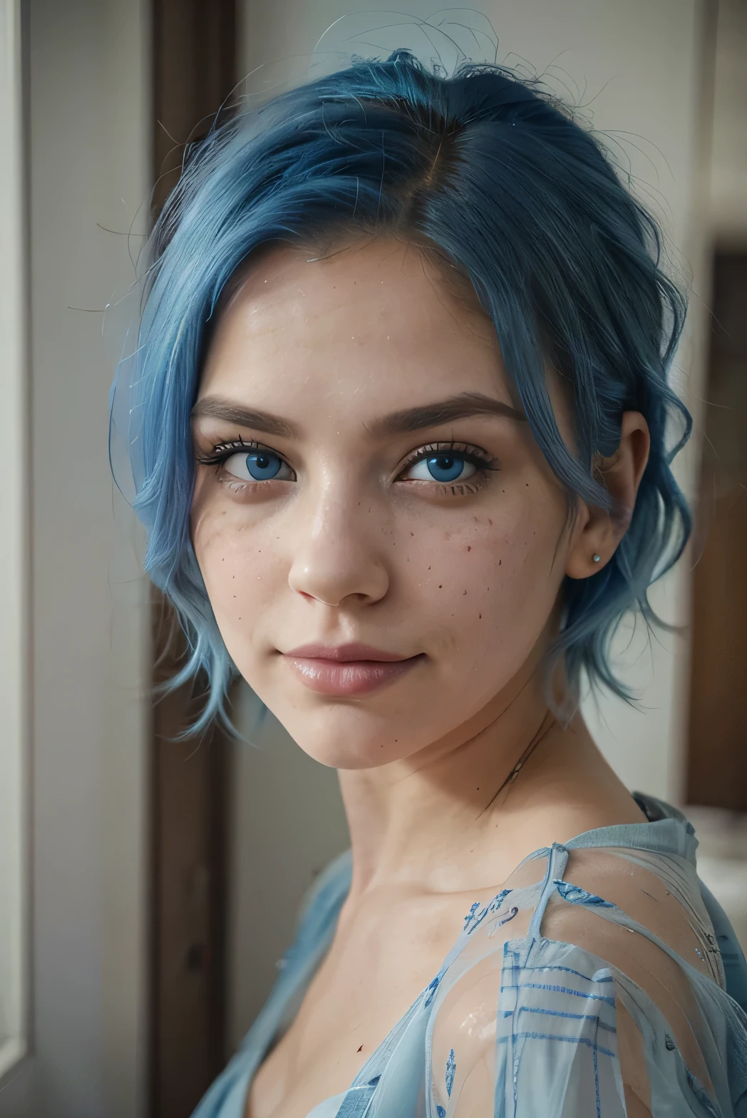 a medium shot of a blue haired Instagram model, with blue eyes and semi big lips and a tiny bit of freckels wearing sheer shirt, smirking, flirting with camera, closeup, bending