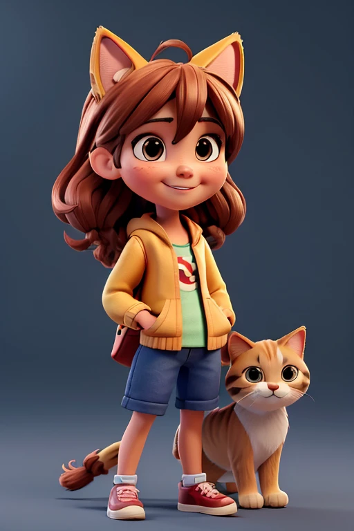girl with pet, perro y gato, sonrisa suave, figura de pie, personaje de dibujos animados, Renderizado 3D, symatic lighting, Trazado de rayos, (la mejor calidad, 8k, high resolusion, tmasterpiece:1.2), caprichoso, (parque de la ciudad con sol radiante).
