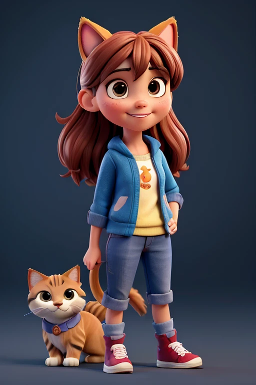 girl with pet, perro y gato, sonrisa suave, figura de pie, personaje de dibujos animados, Renderizado 3D, symatic lighting, Trazado de rayos, (la mejor calidad, 8k, high resolusion, tmasterpiece:1.2), caprichoso, (parque de la ciudad con sol radiante).