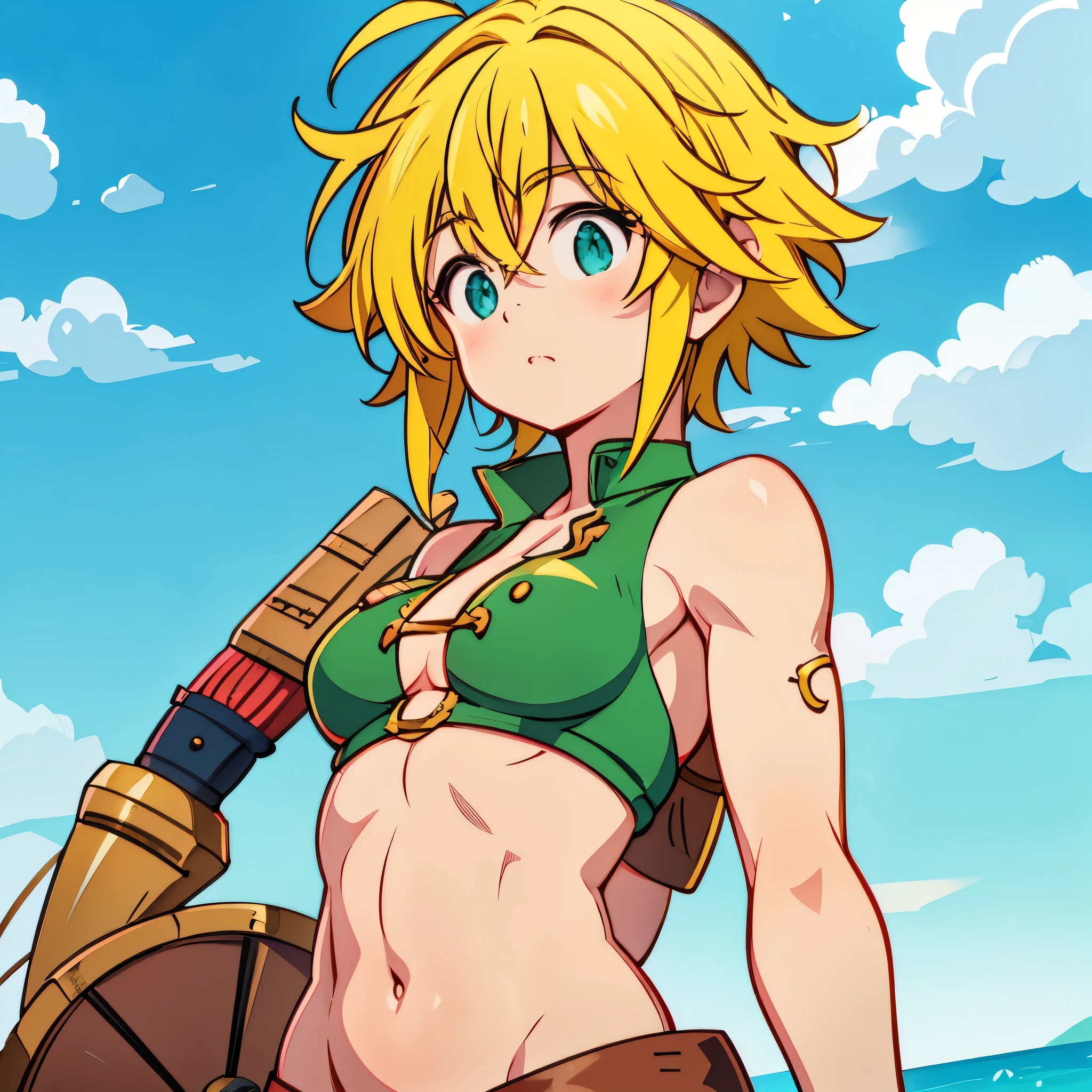 Meliodas in female version with medium breasts, her cheeks were red