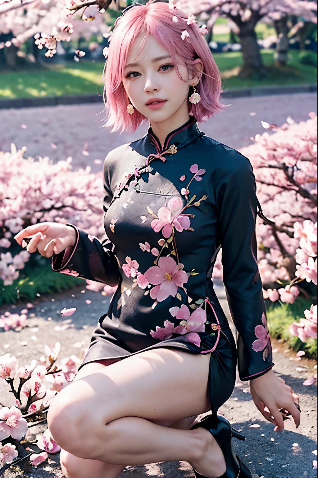 (8K, top-quality, masterpiece:1,2), (reallistic, Photorealsitic:1.37), Super Detail, One girl,), (Highly detailed), (beautifully detailed eyes), (of the highest quality), (super detailed ), (masterpiece), (Detailed face),20yr old, ,1 girl, ((pink hair,Very short hair)), medium breasts, clothed, Perfect Lighting, (black and pink floral cheongsam:1.4), high neck, slit, (black buttons:1.2), (black piping:1.2), (black pumps:1.3), (pink ribbon:1.2), (earrings:1.2), BREAK hair covering forehead slightly, showing forehead, smiling , eyes squinting, (right hand holding cherry blossom petals:1.3), left hand on waist, (cherry blossom trees and blue sky:1.5), natural light, front light