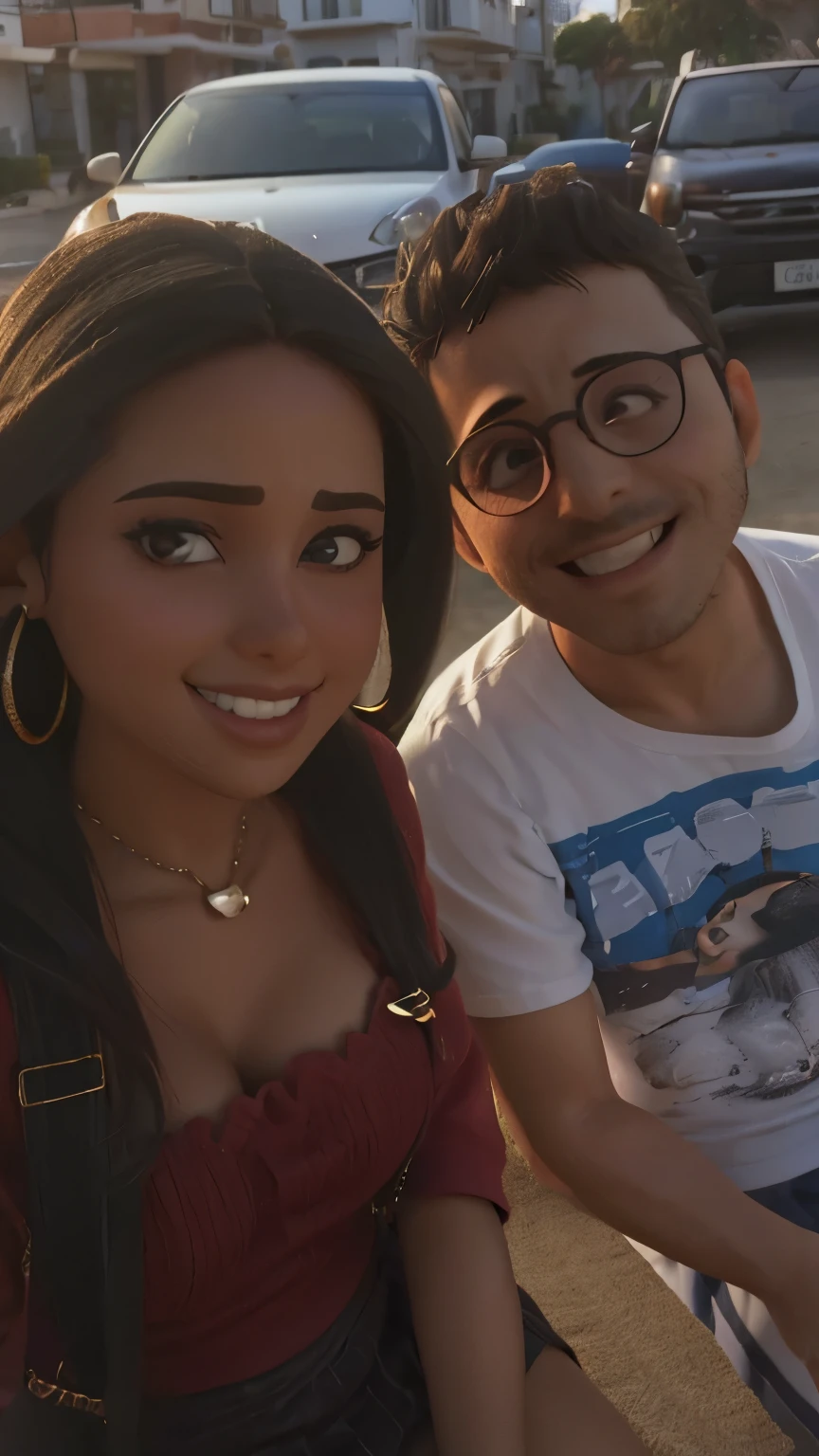 Um casal, mulher morena cabelos medios castanhos , olhos castanho, brinco de argola e com cordao, com um sorriso, vestido vermelhoHomem branco, oculos, alto, magro camisa xadrez, tenis calca clara