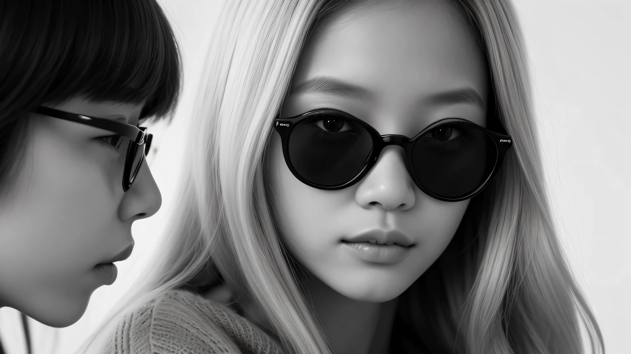 a girl kids blonde with a sweater on use of a dark glasses , portrait black and white, close up portrait photo, black and white portrait, 1 3 5 mm nikon portrait, beautiful portrait photo, studio potrait, taejune kim, seseon yoon, jaeyeon nam, kids model, editorial KIDS portrait, high detail portrait photo,