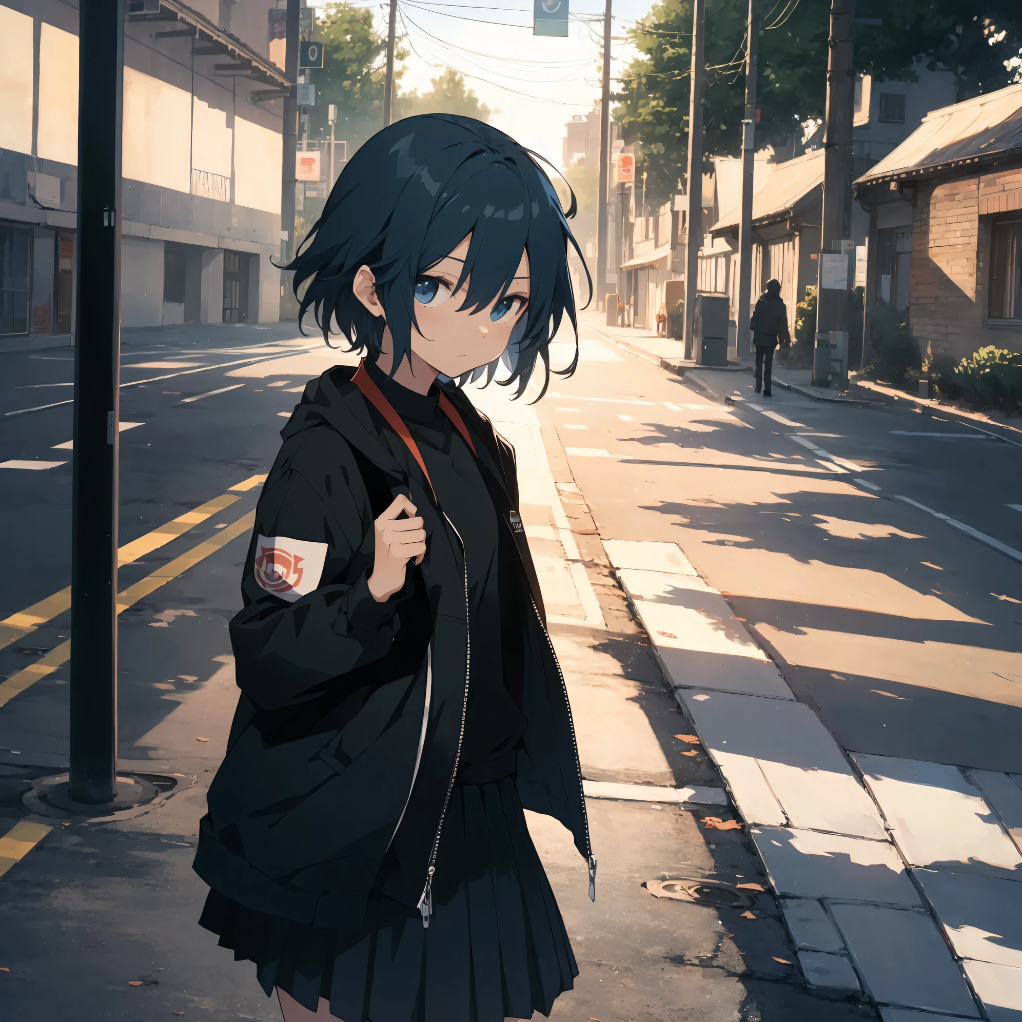 Super high quality by the art god, super detailed, High resolution,Shinkai Makoto style, anime moe art style, best anime 8K konachan wallpaper, pixiv contest winner, perfect anatomy, break,(眠そうにalone学校へ行く女の子を描いてください. ),break, surreal high school girl, (alone,lolita, , 13 years old:1.3),All limbs, full finger,, androgynous charm, (very short hair), messy hair, flat chest, , small ass, between legs, Small black eyes, we say, beautiful and fine eyes, Well-proportioned iris and pupils, disgusted eyes, High resolutionの詳細な髪, wearing school uniform, (skirt), On the way to school. break,super dense skin, Best lighting by famous artists, 8K, figure,