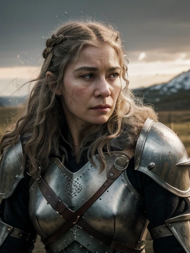 (masterpiece, highly detailed, ultra realistic, highest quality), portrait, closeup photo, older viking warrior queen in full battle gear, / helen mirren / older lady, 60 years old, silver curly hair, (hires textures) carrying a huge bloodied axe and shield, scars, battle damage, dynamic pose, fighting stance, in the midst of battle, nordic sunset, gritty, ultra realistic, bokeh, game of thrones, tolkien, fantasy art