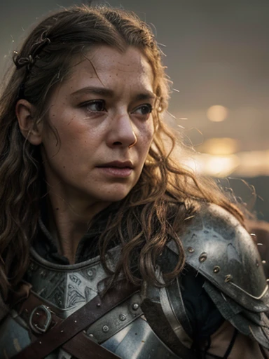 (masterpiece, highly detailed, ultra realistic, highest quality), portrait, closeup photo, older viking warrior queen in full battle gear, / helen mirren / older lady, 60 years old, silver curly hair, (hires textures) carrying a huge bloodied axe and shield, scars, battle damage, dynamic pose, fighting stance, in the midst of battle, nordic sunset, gritty, ultra realistic, bokeh, game of thrones, tolkien, fantasy art