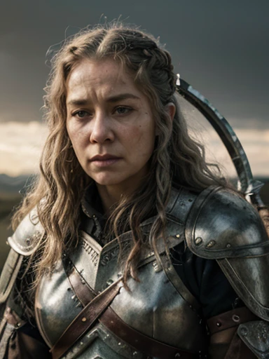(masterpiece, highly detailed, ultra realistic, highest quality), portrait, closeup photo, older viking warrior queen in full battle gear, / helen mirren / older lady, 60 years old, silver curly hair, (hires textures) carrying a huge bloodied axe and shield, scars, battle damage, dynamic pose, fighting stance, in the midst of battle, nordic sunset, gritty, ultra realistic, bokeh, game of thrones, tolkien, fantasy art