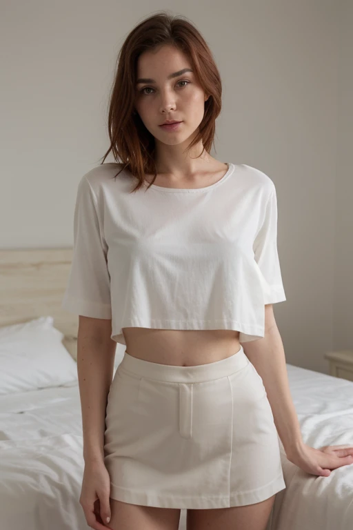 Redhair woman in tapa blanca and black skirt posing for a picture, big , wearing camisa apretada, usando un lindo top, traje muy ajustado, camisa muy apretada, vistiendo un top corto sexy, angelablanca, top escotado, tapa blanca, Usar ropa simple y ajustada, escote, vestimenta ajustada, sin sujetador, una hermosa redhair, con ropa blanca