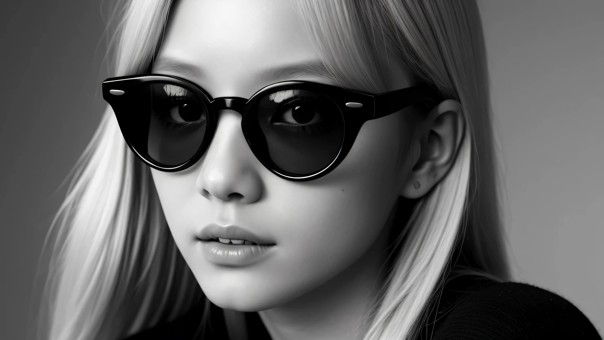 a girl kids blonde with a sweater on use of a dark glasses , portrait black and white, close up portrait photo, black and white portrait, 1 3 5 mm nikon portrait, beautiful portrait photo, studio potrait, taejune kim, seseon yoon, jaeyeon nam, kids model, editorial KIDS portrait, high detail portrait photo,