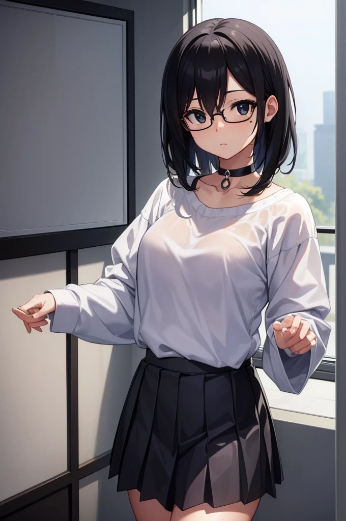 Dark skinned, female, black shirt, black skirt,amber eyes, round glasses, messy black hair