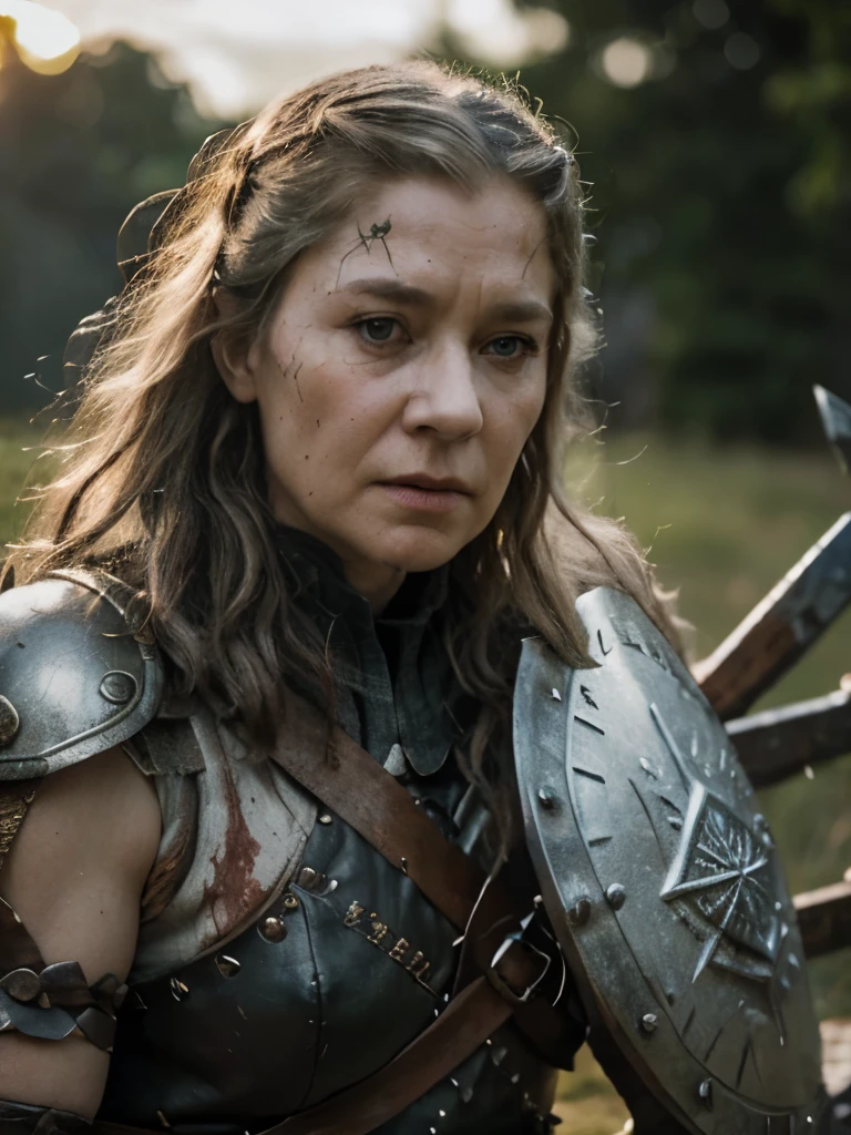 (masterpiece, highly detailed, ultra realistic, highest quality), portrait, closeup photo, older viking warrior queen in full battle gear, / helen mirren / older lady, 60 years old, silver curly hair, (hires textures) carrying a huge bloodied axe and shield, scars, battle damage, dynamic pose, fighting stance, in the midst of battle, nordic sunset, gritty, ultra realistic, bokeh, game of thrones, tolkien, fantasy art