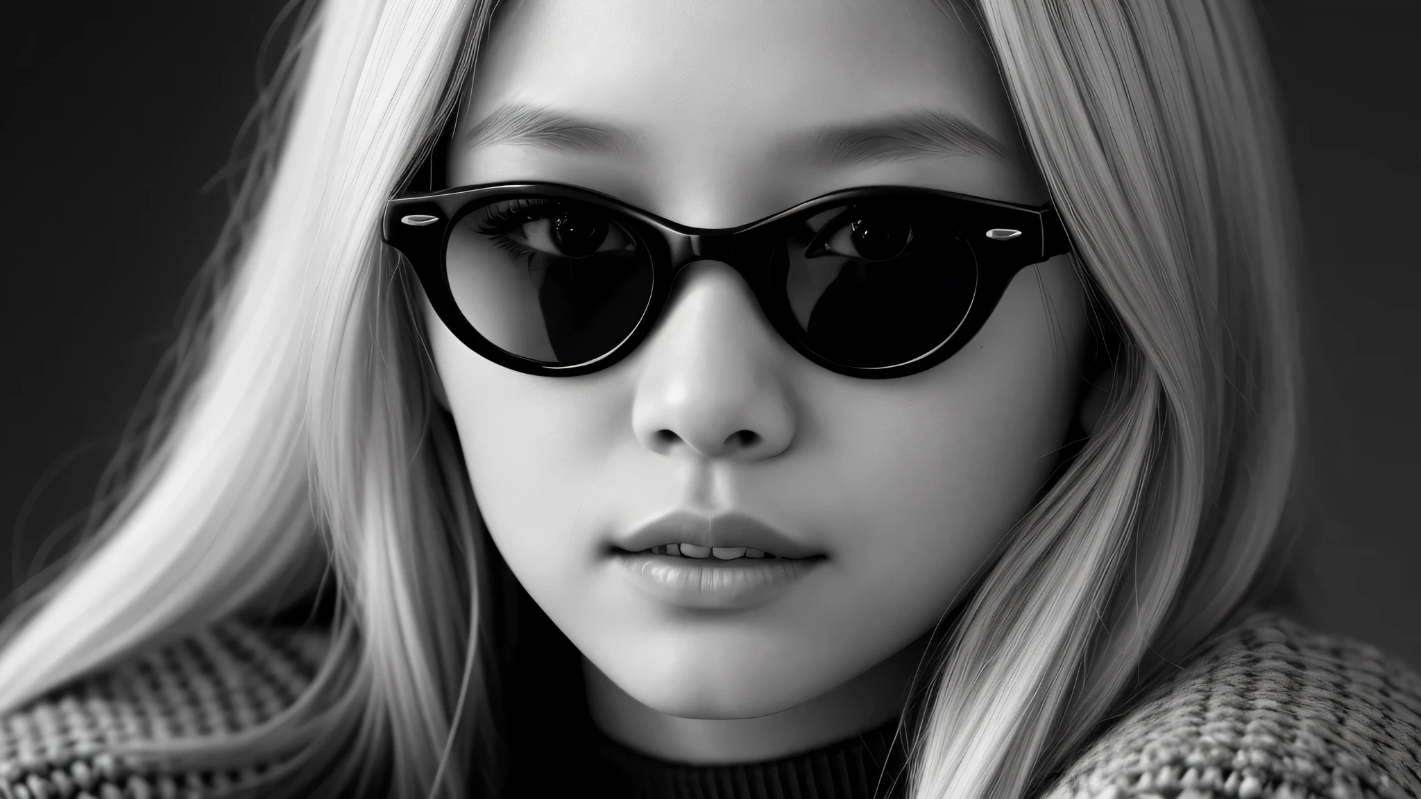 a girl kids blonde with a sweater on use of a dark glasses , portrait black and white, close up portrait photo, black and white portrait, 1 3 5 mm nikon portrait, beautiful portrait photo, studio potrait, taejune kim, seseon yoon, jaeyeon nam, kids model, editorial KIDS portrait, high detail portrait photo,