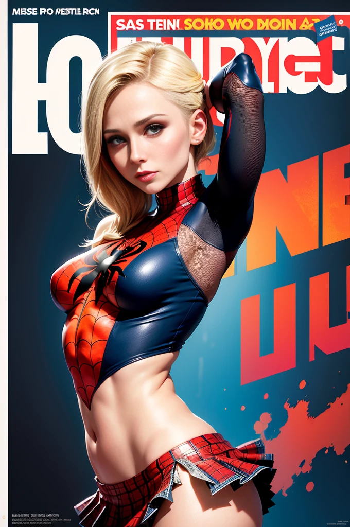 Amanda Seyfried、Sticking out the navel、newyork、She wears a torn Spider-Man suit,wearing a skirt、abstract photorealistic、(masterpiece、highest quality、High resolution:1.4)、detailed、複雑なdetailed、looking at the viewer, figure, (magazine:1.3), (cover-style:1.3), woman, vibrant, take a pose, With confidence, Performance, statement,scene, article, cover, bold, to attract attention, title, stylish, Font, catchy, headline, bigger, impressive