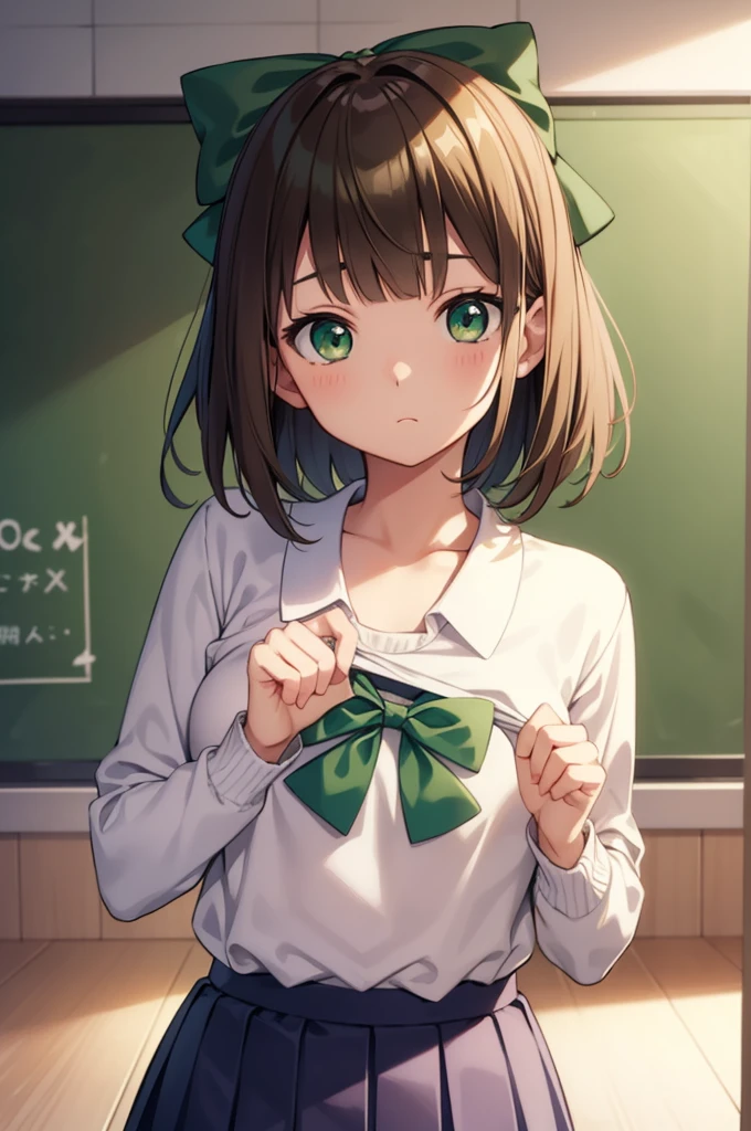 harukaamami, haruka amami, brown hair, (green eyes:1.5), short hair, (hair bow:1.5), hair ribbon, bangs, blunt bangs, (small breast:1.2),
BREAK bag, bow, , serafuku, skirt, sweater, long sleeves, red bow, blue skirt, grey sweater,
BREAK looking at viewer,
BREAK indoors, classroom,
BREAK (masterpiece:1.2), best quality, high resolution, unity 8k wallpaper, (illustration:0.8), (beautiful detailed eyes:1.6), extremely detailed face, perfect lighting, extremely detailed CG, (perfect hands, perfect anatomy),