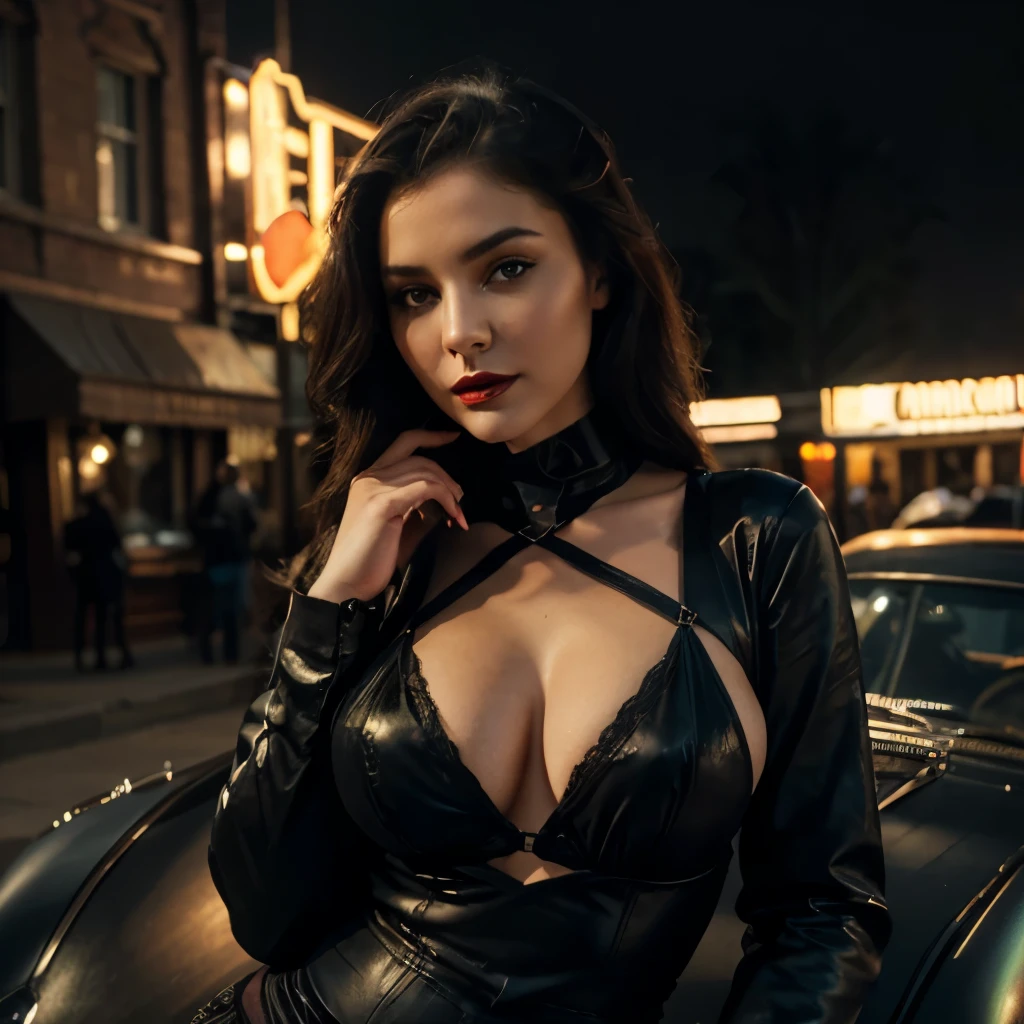 A seductive femme fatale around 20 years old is seen leaning against the hood of a vintage car collection. The cityscape behind her is a mesmerizing fusion of gothic and Art Nouveau architecture. Her alluring silhouette is accentuated by the cinematic lighting, adding to her mysterious and captivating aura. The intricate details of her vintage high fashion outfit are depicted in an loose painting style, capturing each curve and texture with volumetric lighting in an 8k render. Her dark, sultry eyes and red lipstick are vividly rendered, making for an unequivocally enchanting image. ((Top Quality, 8k, Masterpiece: