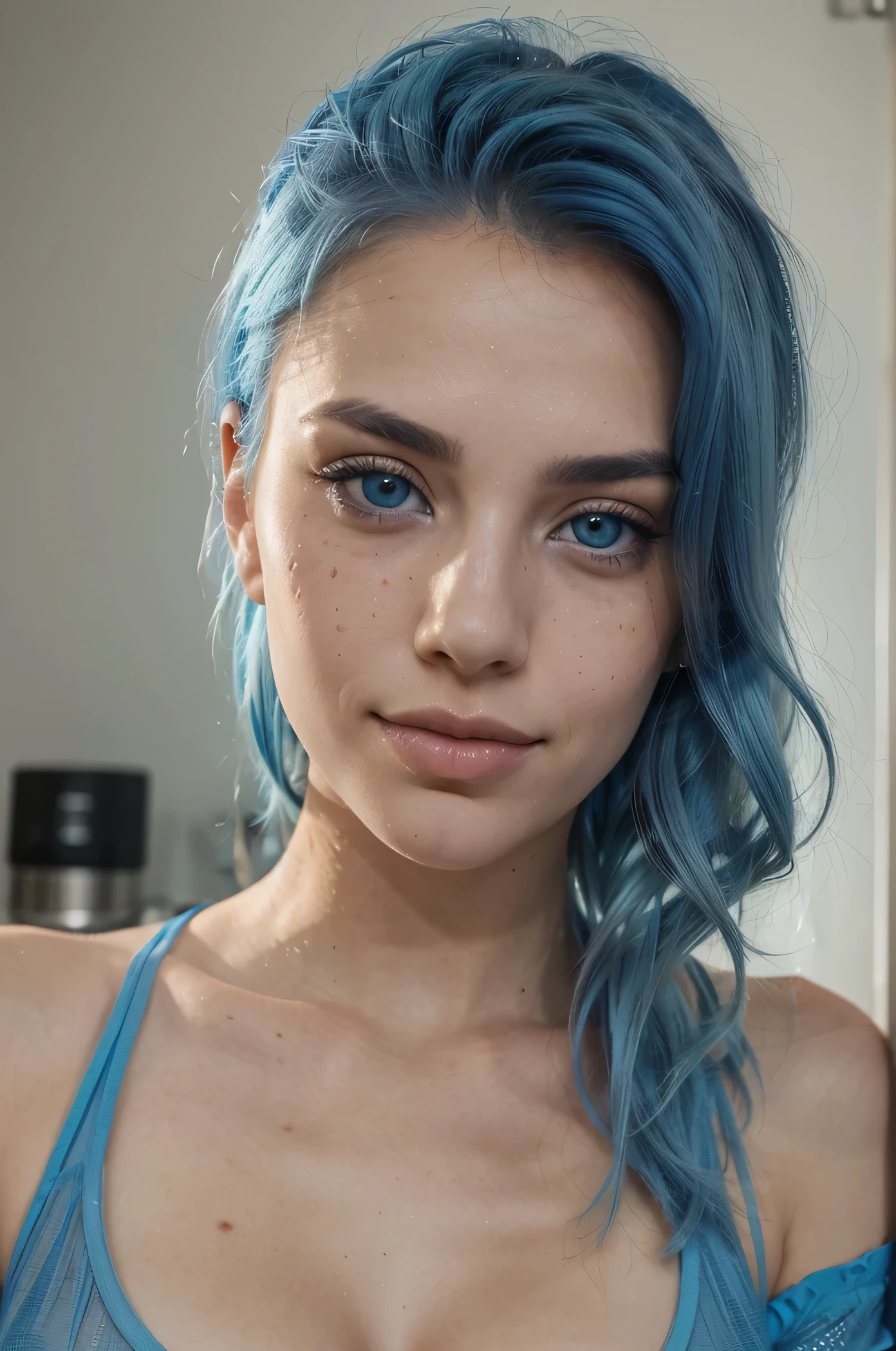 a medium shot of a platin blue haired Instagram model, with blue eyes and semi big lips and a tiny bit of freckels wearing sheer shirt, smirking, flirting with camera, closeup, bending