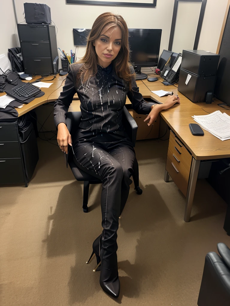 woman, sitting in an office chair, business suit, stiletto heel ankle boots, cum on cloth