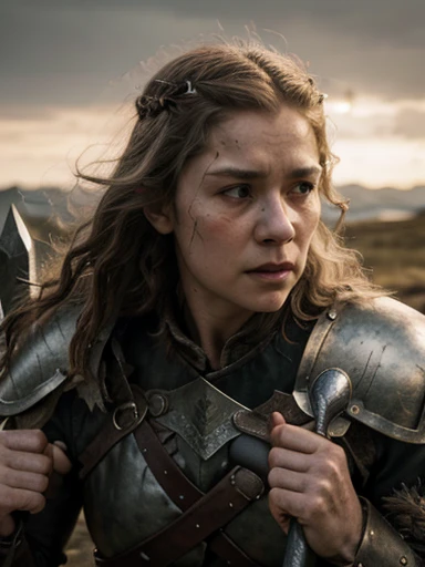 (masterpiece, highly detailed, ultra realistic, highest quality), portrait, closeup photo, older viking warrior queen in full battle gear, / helen mirren / older lady, silver curly hair, (hires textures) carrying a huge bloodied axe and shield, scars, battle damage, dynamic pose, fighting stance, in the midst of battle, nordic sunset, gritty, ultra realistic, bokeh, game of thrones, tolkien, fantasy art
