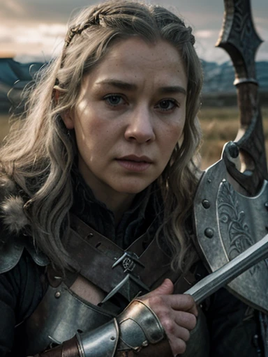 (masterpiece, highly detailed, ultra realistic, highest quality), portrait, closeup photo, older viking warrior queen in full battle gear, / helen mirren / older lady, silver curly hair, (hires textures) carrying a huge bloodied axe and shield, scars, battle damage, dynamic pose, fighting stance, in the midst of battle, nordic sunset, gritty, ultra realistic, bokeh, game of thrones, tolkien, fantasy art