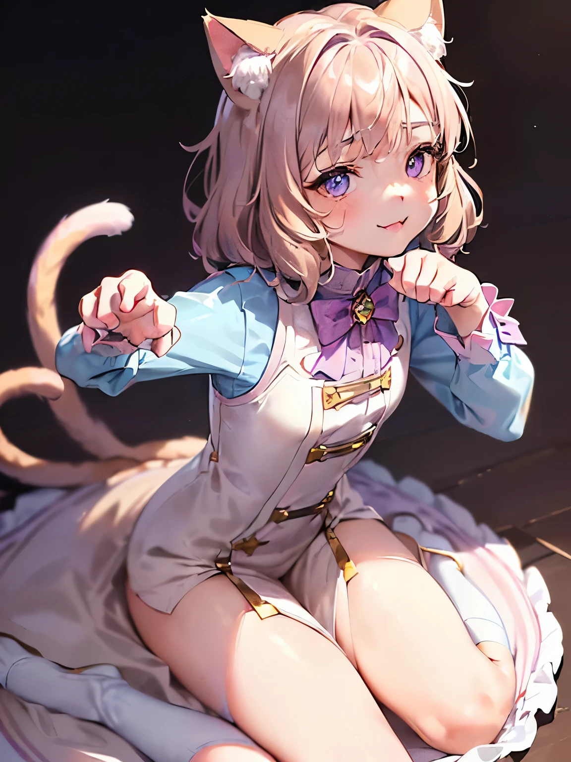((light brown hair:1.2)),(Side tail:1.3),(iridescent eyes:1.4),(Eye size:1.5),(Star-shaped accessories:1.3),((boyish fashion:1.4)),(blush),(upward glance:1.3),((small breasts:1.25)),(focus on face:1.3),((look up:1.6)),(fashion color White,pink,purple,lightBlue:1.3),(smile:1.2),((close up of face:1.5)),((Cat ear:1.5)),((fancy atmosphere:1.2)),((paw pose:1.4))