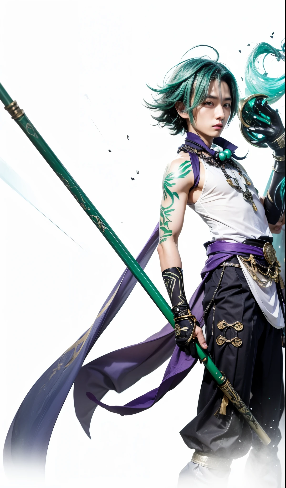 Xiao, genshin impact, liyue, male, gradient cyan hair, yellow eyes, white top, white beads necklace, dark purple trouser, light purple scarf, emerald green stick, black glove, green tattoo on arm