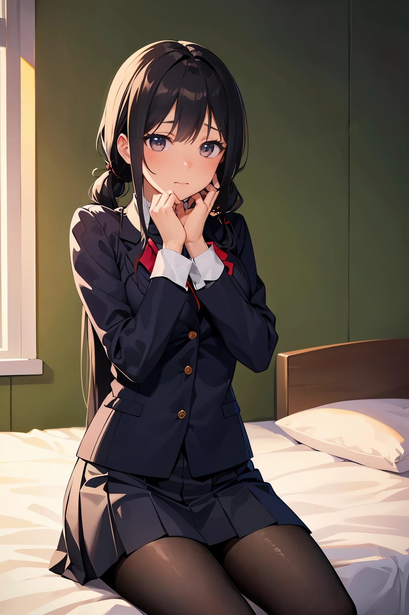 masterpiece:1.2, best quality, ((ultra detailed)), high resolution, 2d, anime style , photo, photography, detailed background, ((long hair,black hair,medium breasts)) BREAK cowboy shot,school uniform,pleated skirt,black pantyhose, embarrassed,shy,blushed,swet,BREAK pastel colors:1.4, solid paint:1.2, saturated color, contour,sitting,bedroom,low twintails,((both hands on own face))