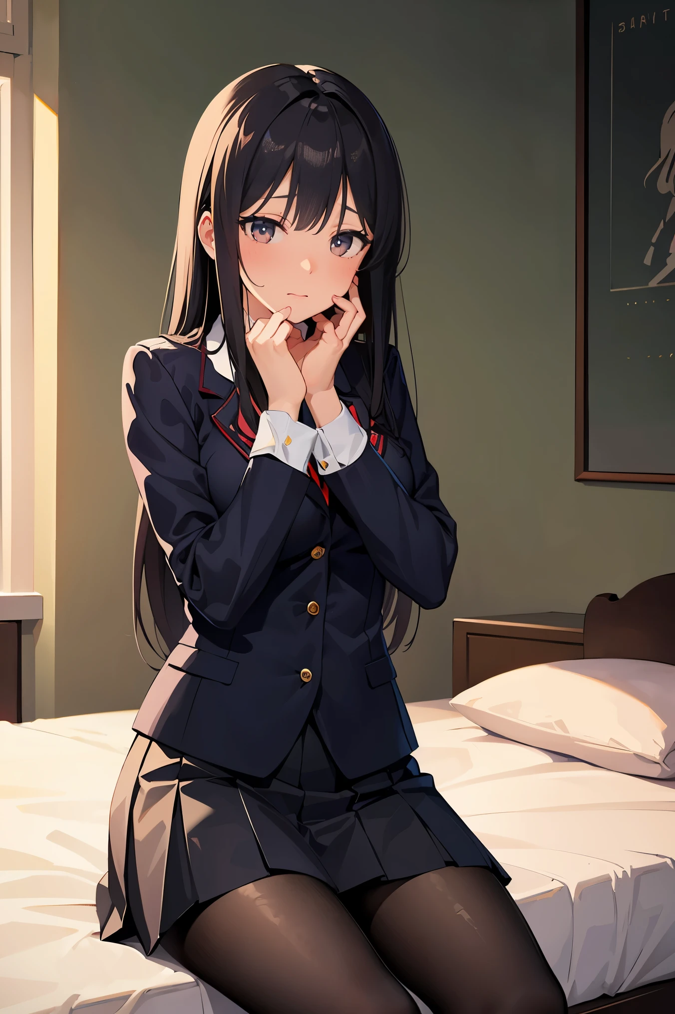 masterpiece:1.2, best quality, ((ultra detailed)), high resolution, 2d, anime style , photo, photography, detailed background, ((long hair,black hair,medium breasts)) BREAK cowboy shot,school uniform,pleated skirt,black pantyhose, embarrassed,shy,blushed,swet,BREAK pastel colors:1.4, solid paint:1.2, saturated color, contour,sitting,bedroom,((both hands on own face))