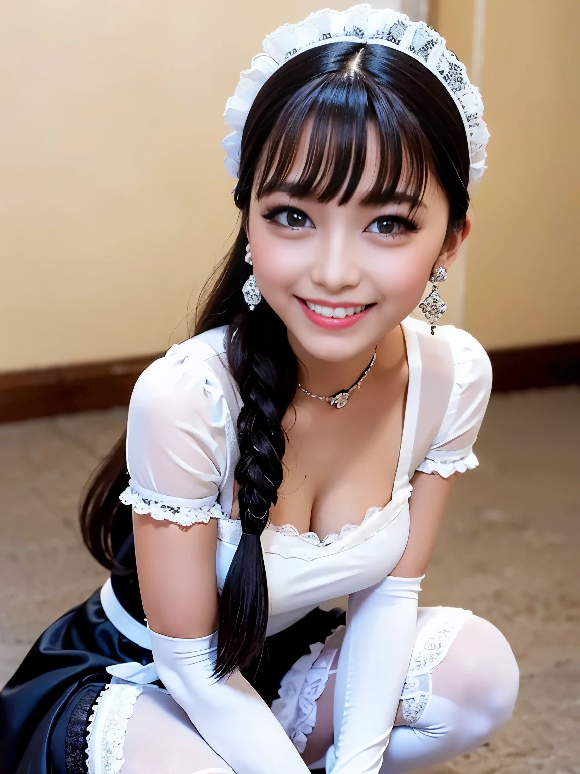 painted smoky makeup, eye shadow, maid girl, silky hair, wearing hair accessories or earrings, cute smile. she was wearing a maid skirt, white stockings on her legs, and lace gloves. She squatted down and spread her legs. Scenes are random.