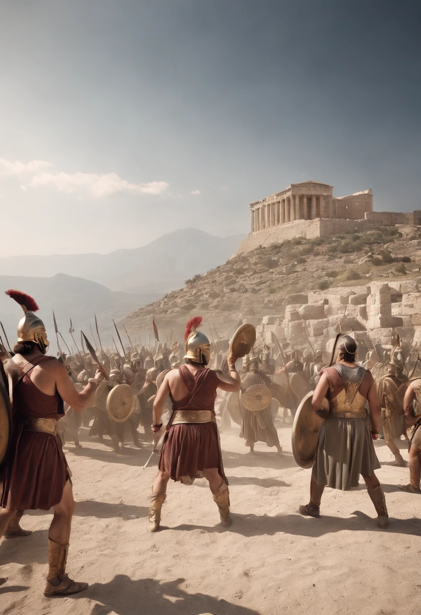 "Ancient Greek battlefield with the Gods led by Zeus fighting against the Titans, with Mount Olympus in the background."