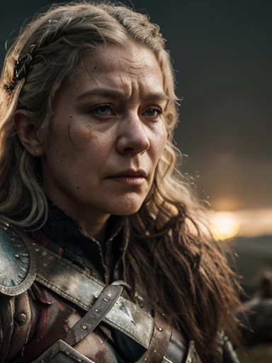 (masterpiece, highly detailed, ultra realistic, highest quality), portrait, closeup photo, older viking warrior queen in full battle gear, / helen mirren / older lady, 60 years old, silver curly hair, (hires textures) carrying a huge bloodied axe and shield, scars, blood spatter, battle damage, dynamic pose, fighting stance, in the midst of battle, nordic sunset, gritty, ultra realistic, bokeh, game of thrones, tolkien, fantasy art, incredible detail