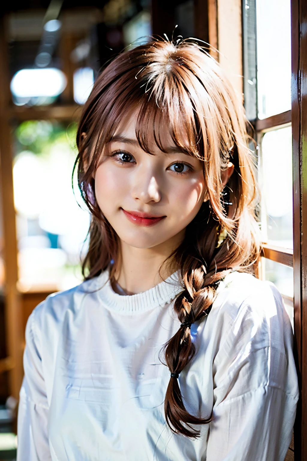 1 girl, solo, Cute girl with pink hair, pink eyes, The background is the coast, Soft natural light, Ribbon on the head, White shirt with ruffles、small face、shy smile、young girl、8K、real、white braids, hair ornament、
