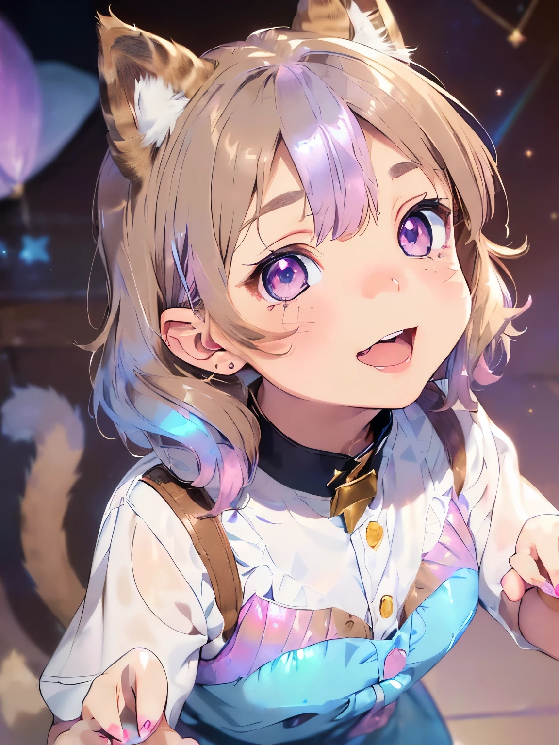 ((light brown hair:1.2)),(Side tail:1.3),(iridescent eyes:1.4),(Eye size:1.5),(Star-shaped accessories:1.3),((boyish fashion:1.4)),(blush),(upward glance:1.3),((small breasts:1.25)),(focus on face:1.3),((look up:1.6)),(fashion color White,pink,purple,lightBlue:1.3),(open mouth smile:1.2),(close up of face:1.3),((Cat ear:1.2)),((fancy atmosphere:1.2)),((paw pose:1.2))
