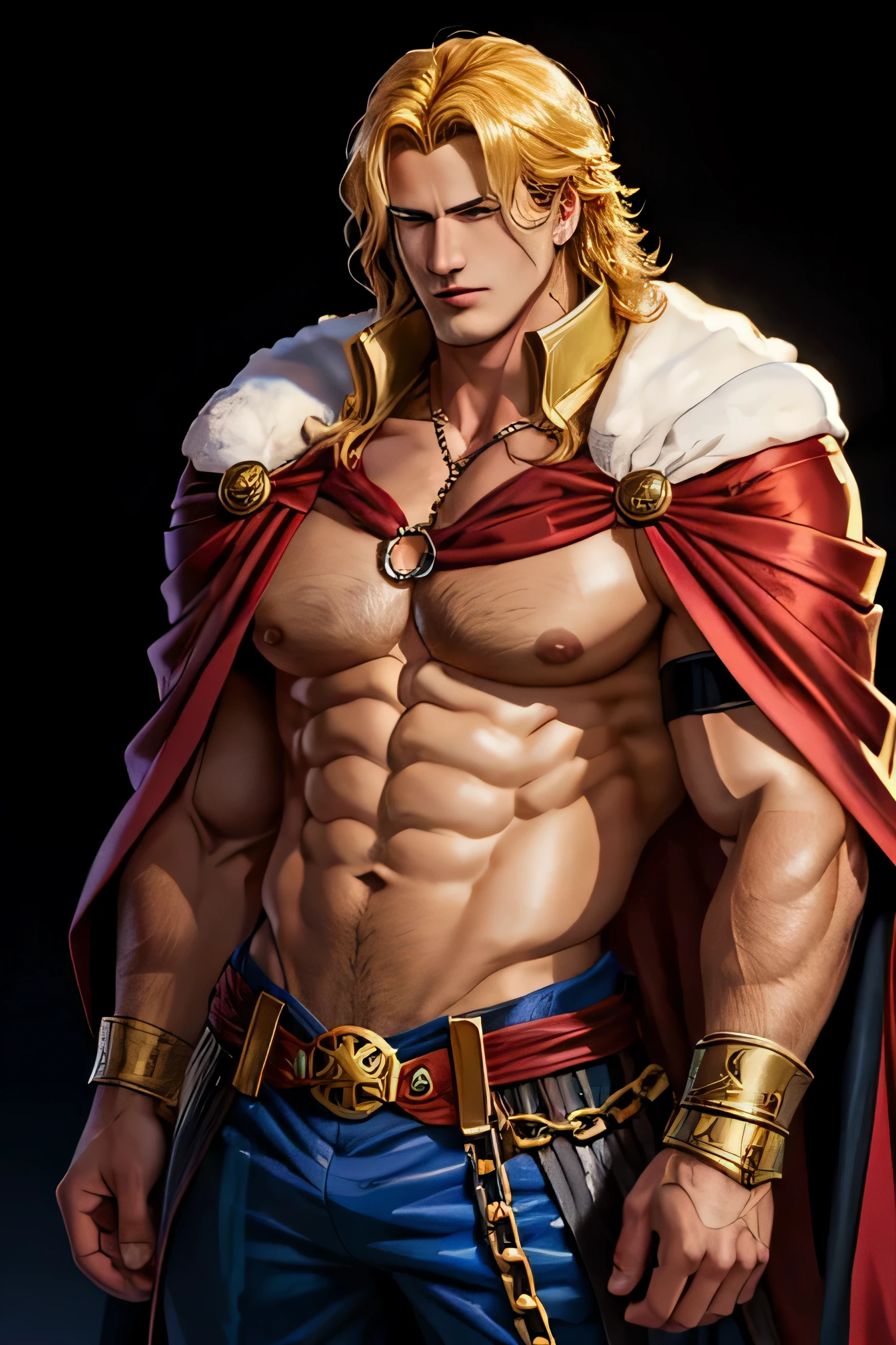 a drawing of a man with a cape and a chain around his neck, Highly visible gold shoulder padssanji, fluffy chest, furio tedesschi, strong and imposing, muscular!!, from one piece, technoviking male with no shirt, johan liebert mixed with alucard, king of pirates, male anime character, joseph joestar, big chest, 1Jojo pose, muscular! fantasy, muscular male hero