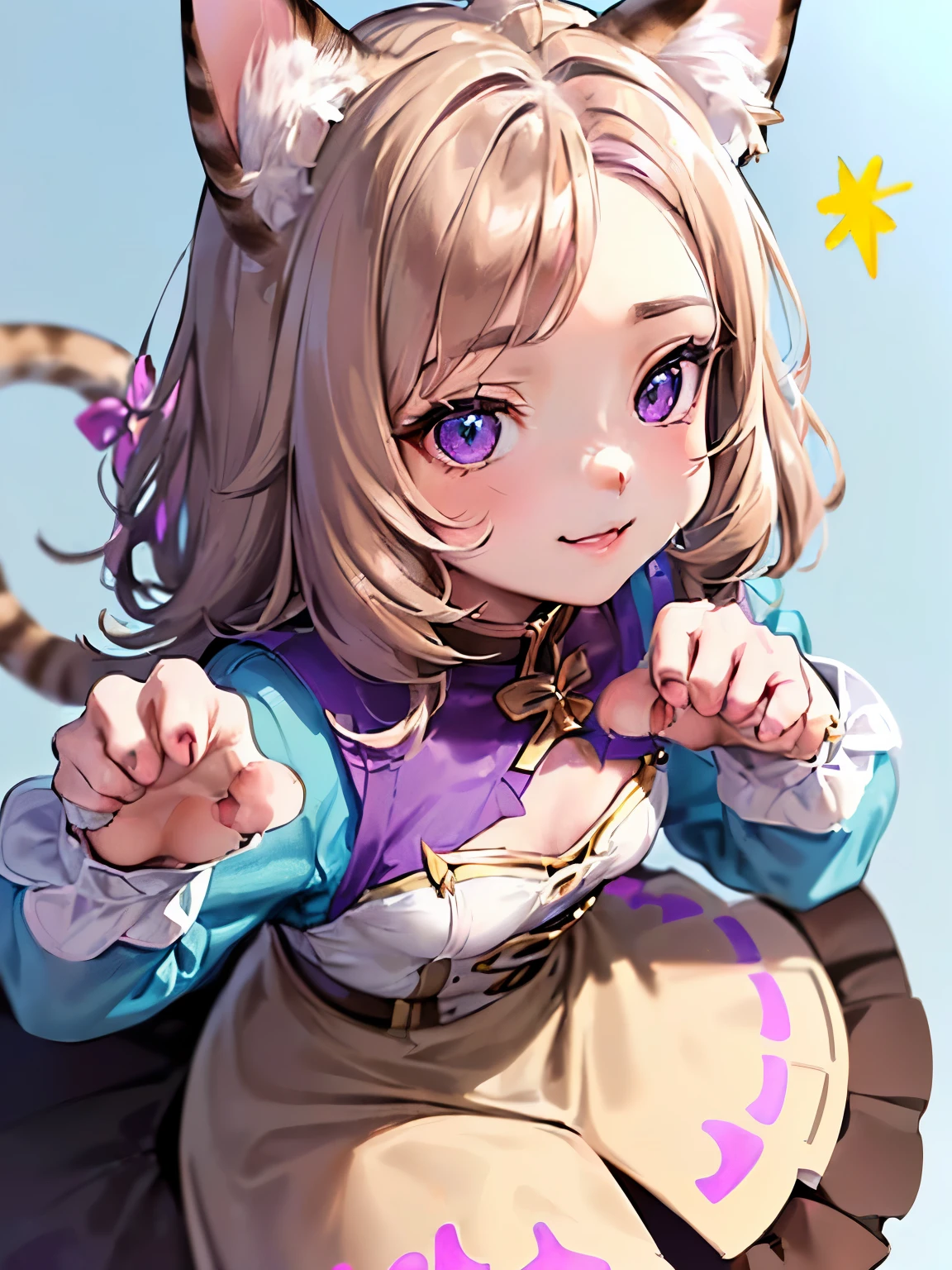 ((light brown hair:1.2)),(Side tail:1.3),(iridescent eyes:1.4),(Eye size:1.5),(Star-shaped accessories:1.3),((boyish fashion:1.4)),(blush),(upward glance:1.3),((small breasts:1.25)),(focus on face:1.3),((look up:1.6)),(fashion color White,pink,purple,lightBlue:1.3),(smile:1.2),((close up of face:1.5)),((Cat ear:1.5)),((fancy atmosphere:1.2)),((paw pose:1.4))