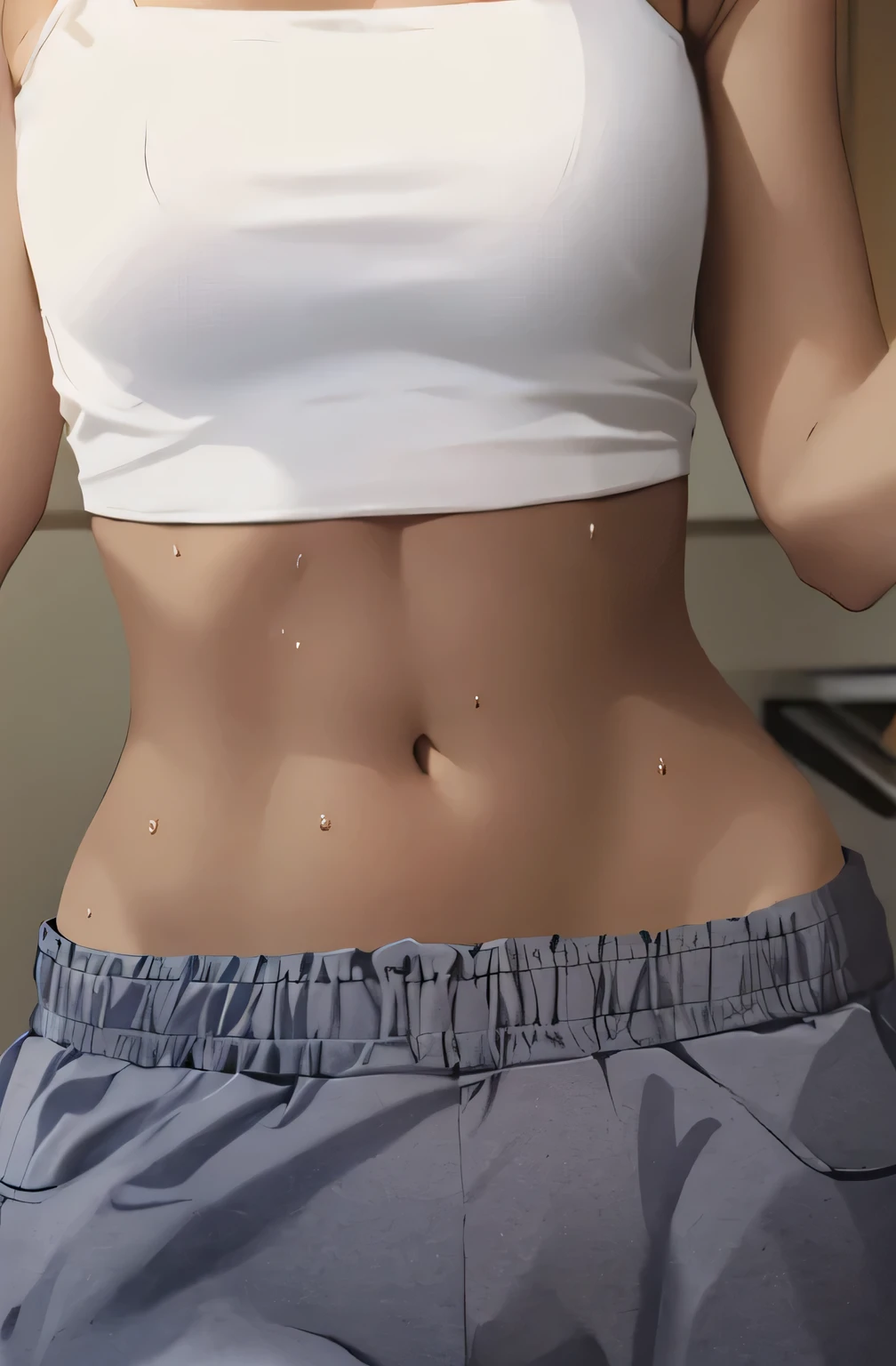 super fine illustration, vibrant colors, masterpiece, sharp focus, best quality, depth of field, cinematic lighting, ultra detailed, blush, annoyed, belly button, navel, hips, 1girl,  looking down, t shirt, short sleeves, frilled long skirt, very long hair, very messy hair, dark brown hair, mature woman, medium breasts,