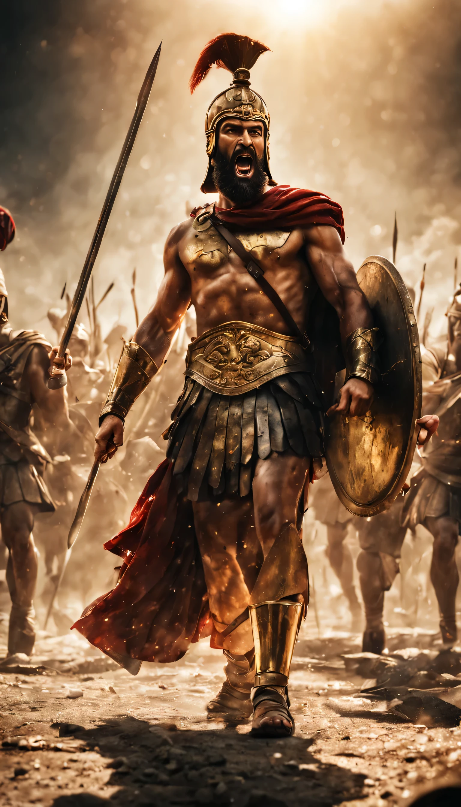 spartan king leonidas leading his men during battle, ultra realistic image, high contrast, shimmering, sun rays, depth of field, superb sharpness, photorealistic, 8k, natural lighting, HDR, 16k, high resolution