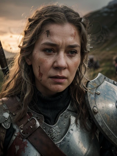 (masterpiece, highly detailed, ultra realistic, highest quality), portrait, closeup photo, older viking warrior queen in full battle gear, / helen mirren / older lady, 60 years old, silver curly hair, (hires textures), angry, screaming, carrying a huge bloodied axe and shield, fierce, scars, blood spatter, battle damage, dynamic pose, fighting stance, battlefield background, in the midst of battle, nordic sunset, gritty, ultra realistic, bokeh, game of thrones, tolkien, fantasy art, incredible detail