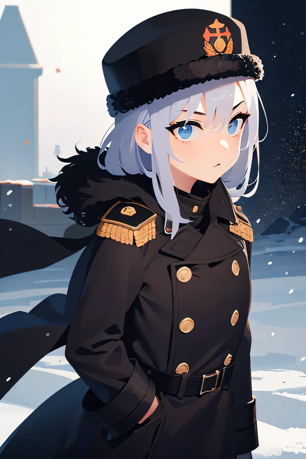 Soviet officer winter, nieve, Segunda Guerra Mundial, the defense of moscow. Dressed with a black jacket and ushanka.