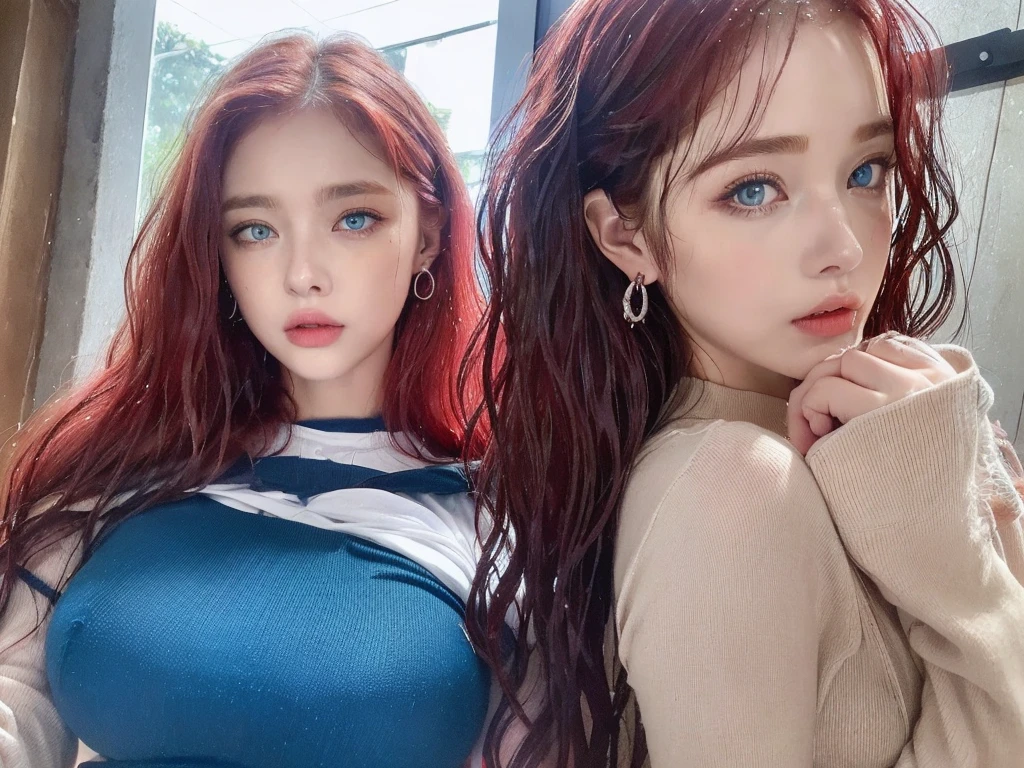 4 miniature Beautiful handsome woman, ((top quality, 8k, masterpiece:1.retty woman, 1woman, huge breasts:1.3, slender figure:1.1, elastic red long hair, (shower, wet body, wet clothes:1.1), very detailed face, detailed lips, detailed eyes, double eyelids, detailed blue eyes, extremely detailed outstanding blue eyes, red wet hair, red wet hair, detailed outstanding BLUE EYES, innocent stare at the viewer, extremely wet wavy red hair, detailed outstanding BLUE EYES, raining outside, huge earrings
