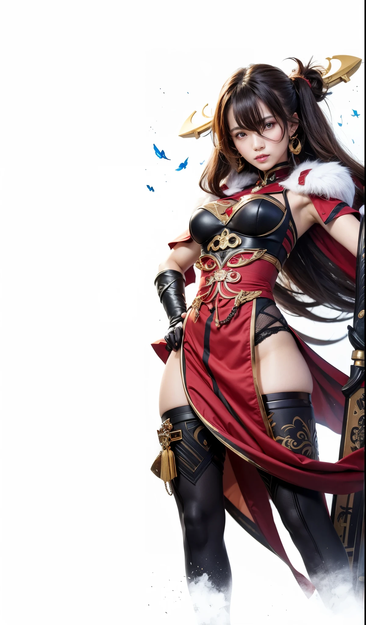 Beidou, genshin impact, liyue, female, dark brown hair with gold sonde, red eyes, red top outer, dark brown inner, dark brown short, dark brown cape, black sword, dark brown glove, gold earrings