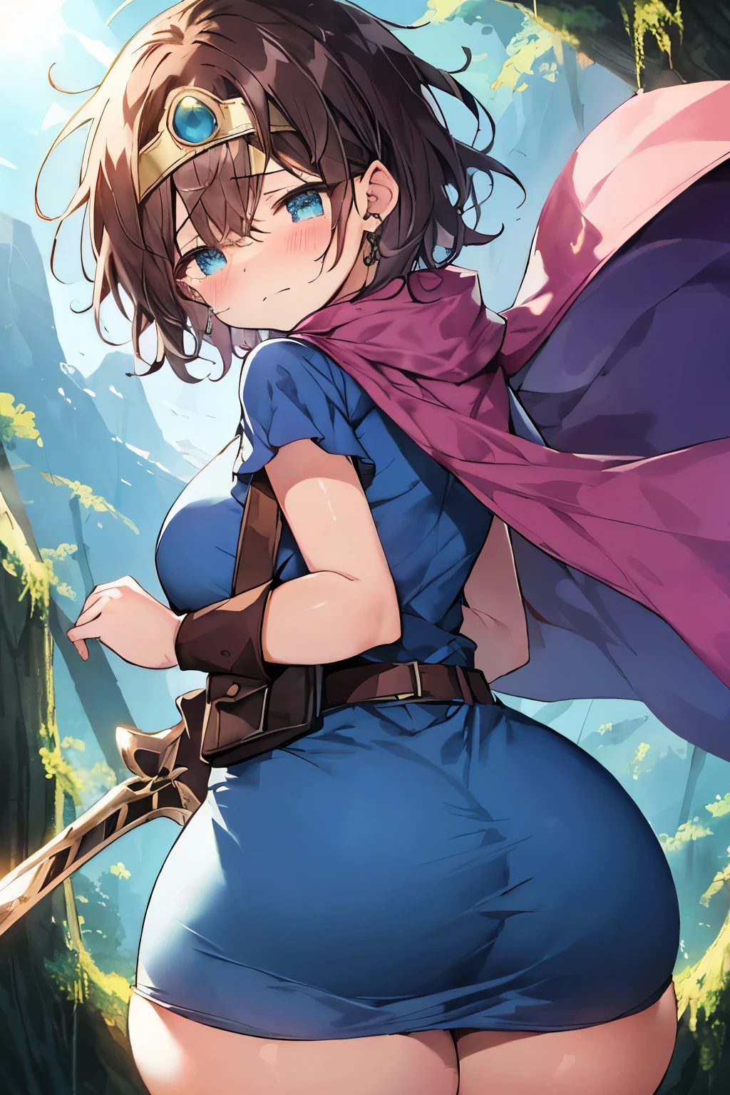 (masterpiece:1.1, Best Quality:1.1, 16K HDR:1.1, High resolution:1.1), (sheathed weapon on back:1.2), roto (DQ3), 1girl in, Solo, Short hair, Brown hair, Blue eyes, ((circlet)), medium breasts, (blue dress:1.5), Purple Cape, (((thick thighs))), elbow groves, long boots, Belt bag, scabbard,, knee boots,  In an deep forest near lake, (half closed eyes, troubled face, tears, closed mouth,) view from below, upper knee, looking back, (huge butt)