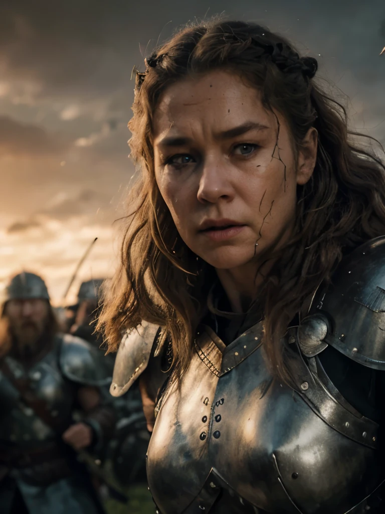 (masterpiece, highly detailed, ultra realistic, highest quality), portrait, closeup photo, older viking warrior queen in full battle gear, / helen mirren / older lady, 60 years old, silver curly hair, (hires textures), angry, screaming, carrying a huge bloodied axe and shield, fierce, scars, blood spatter, battle damage, dynamic pose, fighting stance, battlefield background, in the midst of battle, nordic sunset, gritty, ultra realistic, bokeh, game of thrones, tolkien, fantasy art, incredible detail